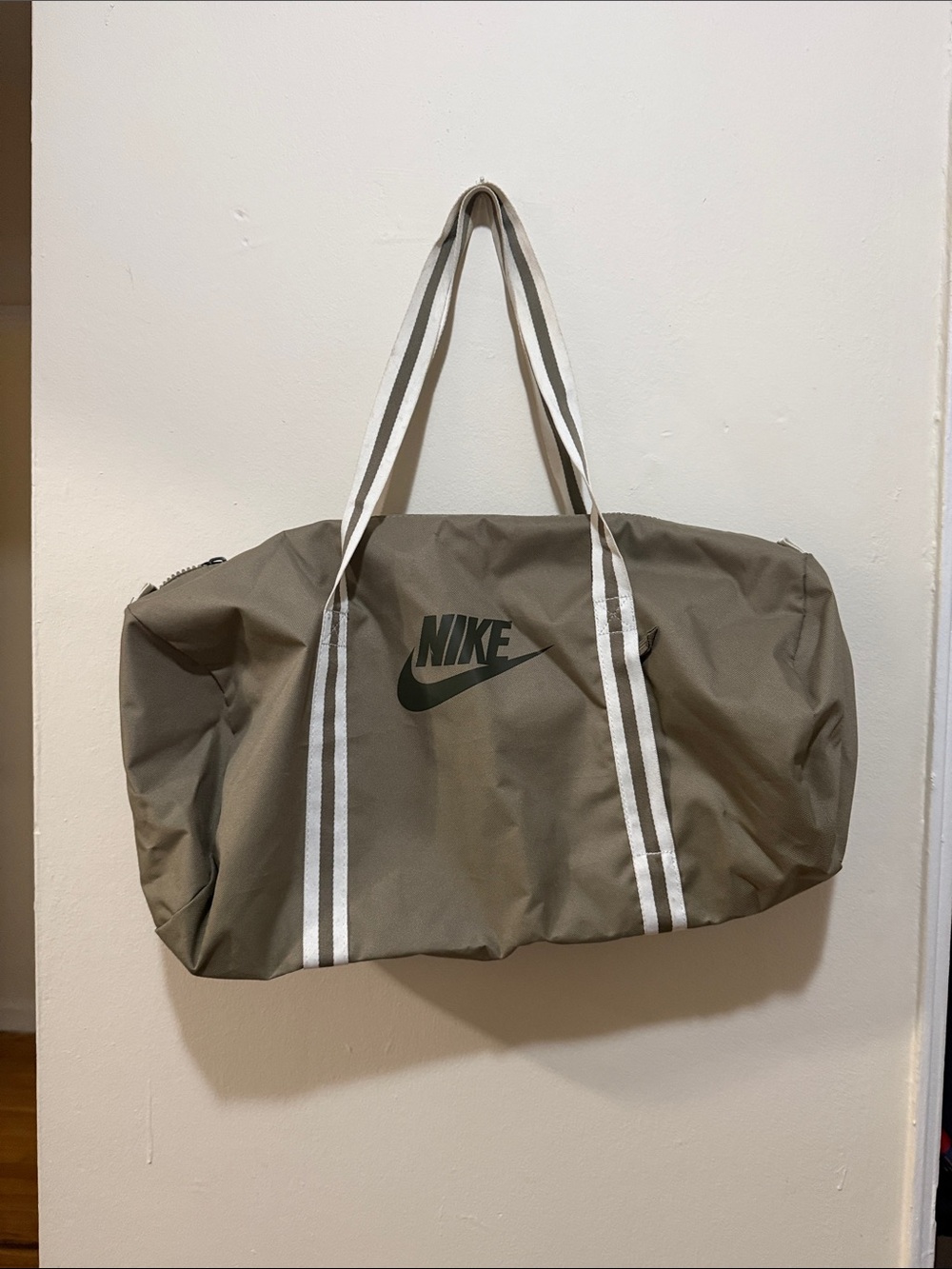 Nike Olive Duffel Bag with White-Striped Straps